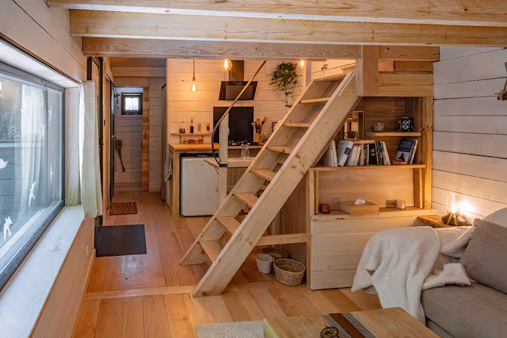 Chalet en bois entouré de sapins, lumière dorée du soir